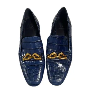Tory Burch navy royal Blue alligator jessa Loafers Gold dragon buckle Accent