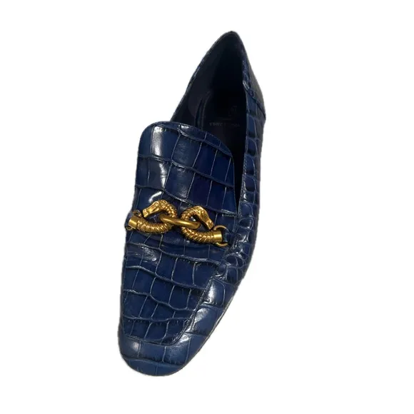 Tory Burch navy royal Blue alligator jessa Loafers Gold dragon buckle Accent