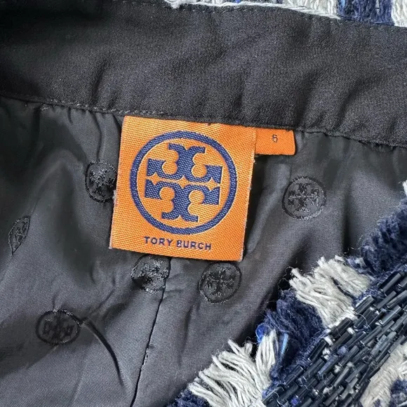 Tory Burch Navy Tweed Fringe Hem Skirt Size 4 | Wool Cotton Blend
