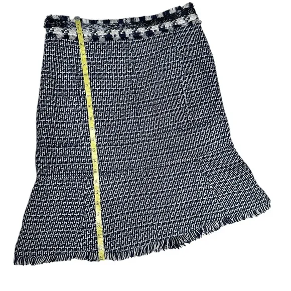 Tory Burch Navy Tweed Fringe Hem Skirt Size 4 | Wool Cotton Blend