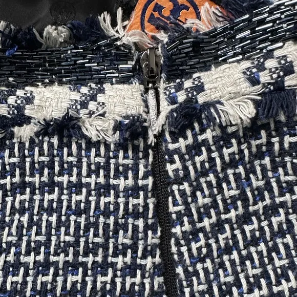 Tory Burch Navy Tweed Fringe Hem Skirt Size 4 | Wool Cotton Blend