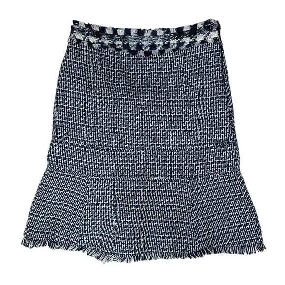 Tory Burch Navy Tweed Fringe Hem Skirt Size 4 | Wool Cotton Blend