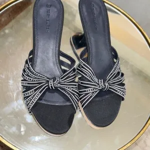 TORY BURCH NWOT Ribbon Slide Sandals Women Size 8.5M Navy Kitten heel
