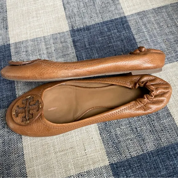 Tory Burch Tan Leather Ballet Flats with Logo