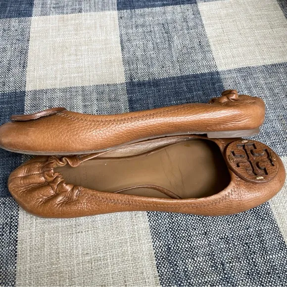 Tory Burch Tan Leather Ballet Flats with Logo