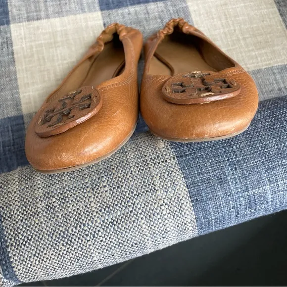 Tory Burch Tan Leather Ballet Flats with Logo