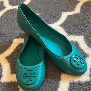 Tory Burch Teal Ballet Flats with Logo Medallion