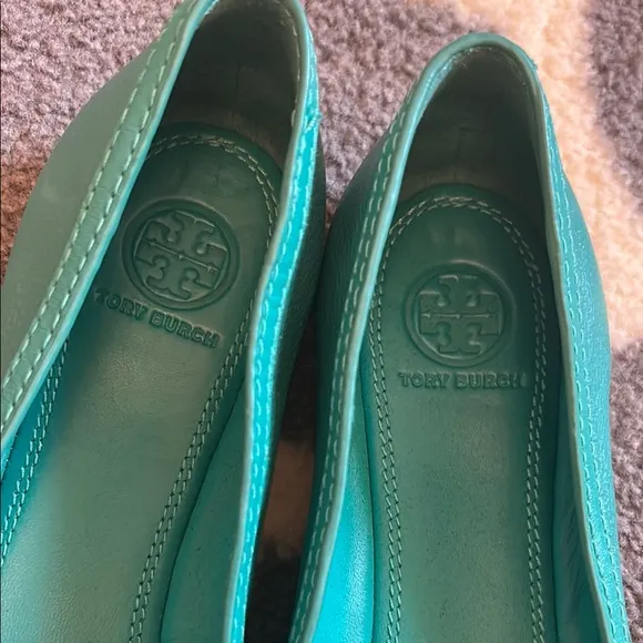 Tory Burch Teal Ballet Flats with Logo Medallion