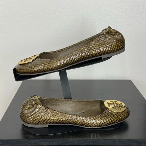 Tory Burch Women 9M Golden Brown Python Snakeskin Leather Reva Ballet Flat Shoes