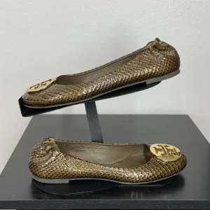 Tory Burch Women 9M Golden Brown Python Snakeskin Leather Reva Ballet Flat Shoes