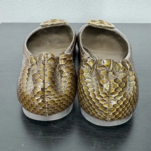 Tory Burch Women 9M Golden Brown Python Snakeskin Leather Reva Ballet Flat Shoes