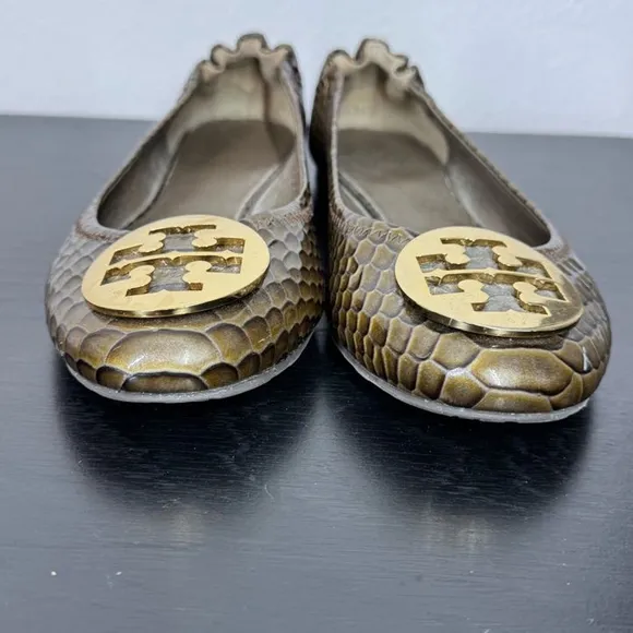 Tory Burch Women 9M Golden Brown Python Snakeskin Leather Reva Ballet Flat Shoes