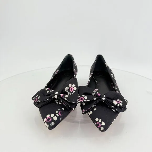Tory Burch Rosalind Ballet Flats Women's Size 5 Black Floral Satin Bow Pointed