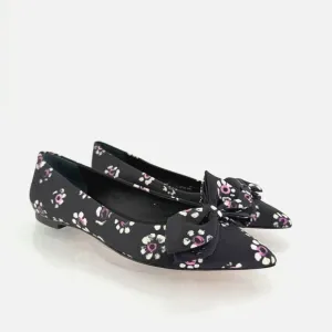Tory Burch Rosalind Ballet Flats Women's Size 5 Black Floral Satin Bow Pointed