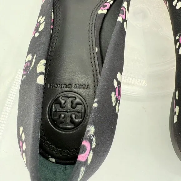 Tory Burch Rosalind Ballet Flats Women's Size 5 Black Floral Satin Bow Pointed