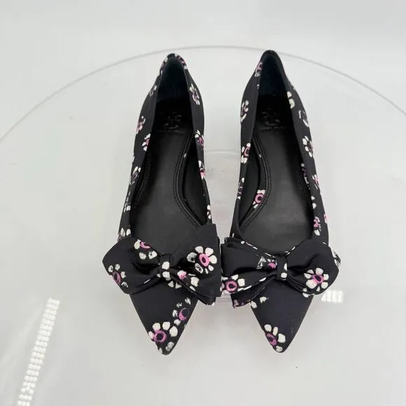 Tory Burch Rosalind Ballet Flats Women's Size 5 Black Floral Satin Bow Pointed
