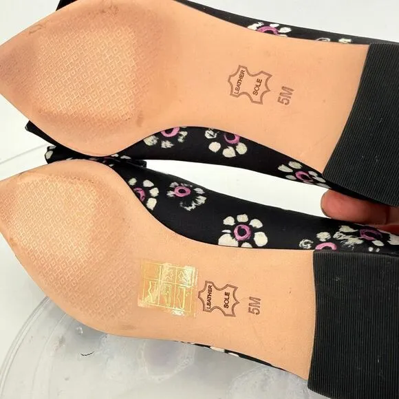 Tory Burch Rosalind Ballet Flats Women's Size 5 Black Floral Satin Bow Pointed