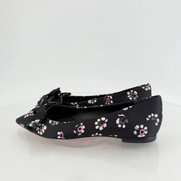 Tory Burch Rosalind Ballet Flats Women's Size 5 Black Floral Satin Bow Pointed