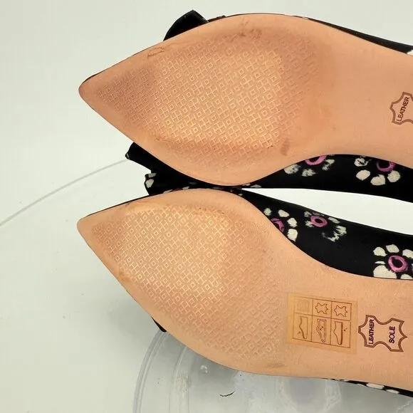 Tory Burch Rosalind Ballet Flats Women's Size 5 Black Floral Satin Bow Pointed