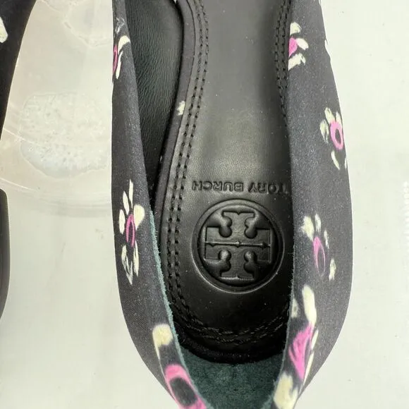 Tory Burch Rosalind Ballet Flats Women's Size 5 Black Floral Satin Bow Pointed