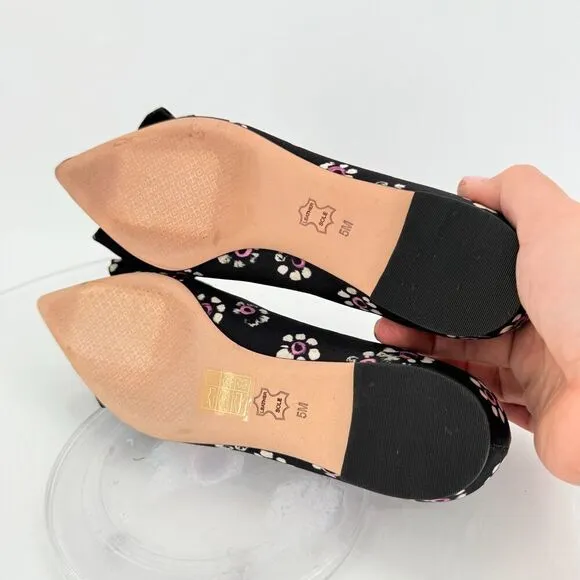 Tory Burch Rosalind Ballet Flats Women's Size 5 Black Floral Satin Bow Pointed