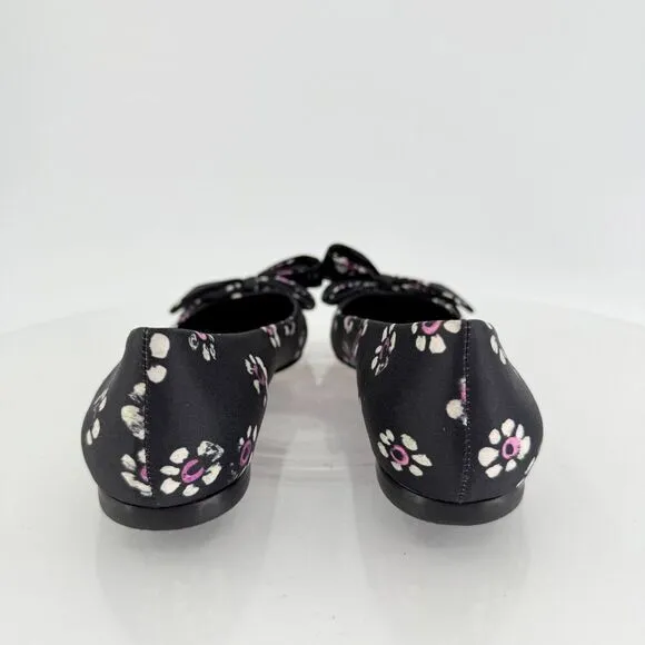 Tory Burch Rosalind Ballet Flats Women's Size 5 Black Floral Satin Bow Pointed