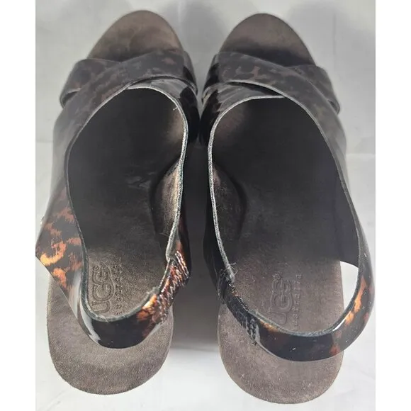 UGG 1926 HAZEL Tortoise Patent Leather Cork Wedge Slingback Sandal Size 6