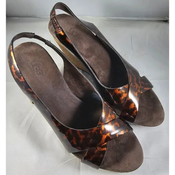 UGG 1926 HAZEL Tortoise Patent Leather Cork Wedge Slingback Sandal Size 6