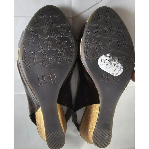 UGG 1926 HAZEL Tortoise Patent Leather Cork Wedge Slingback Sandal Size 6