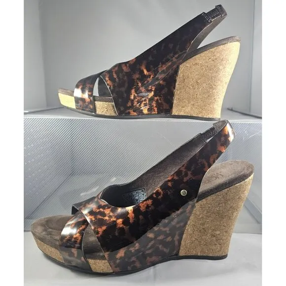 UGG 1926 HAZEL Tortoise Patent Leather Cork Wedge Slingback Sandal Size 6