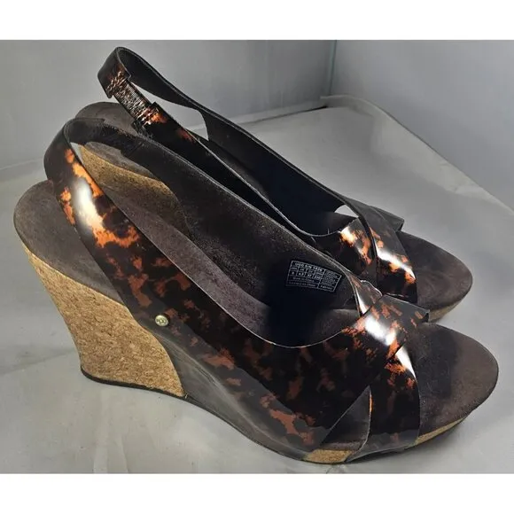 UGG 1926 HAZEL Tortoise Patent Leather Cork Wedge Slingback Sandal Size 6