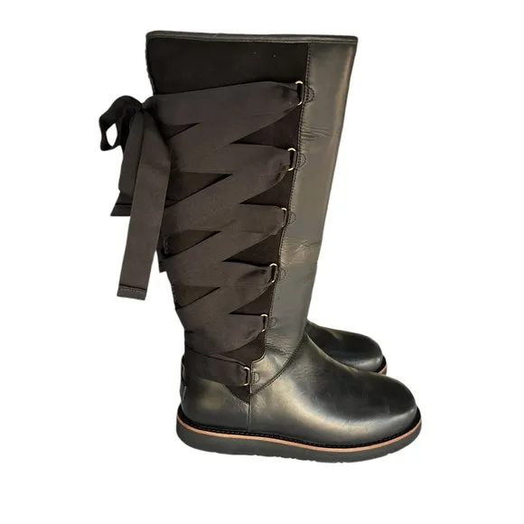 UGG Augustine Tall Lace-Up Ribbon Bow Black Leather Sheepskin Boots