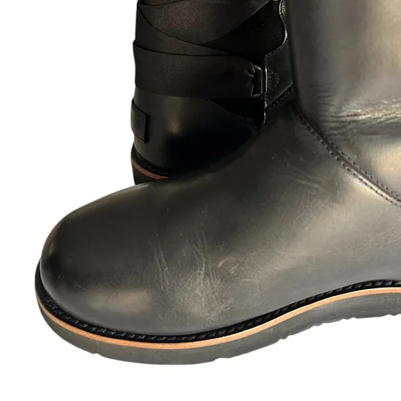 UGG Augustine Tall Lace-Up Ribbon Bow Black Leather Sheepskin Boots