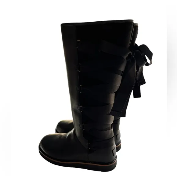 UGG Augustine Tall Lace-Up Ribbon Bow Black Leather Sheepskin Boots