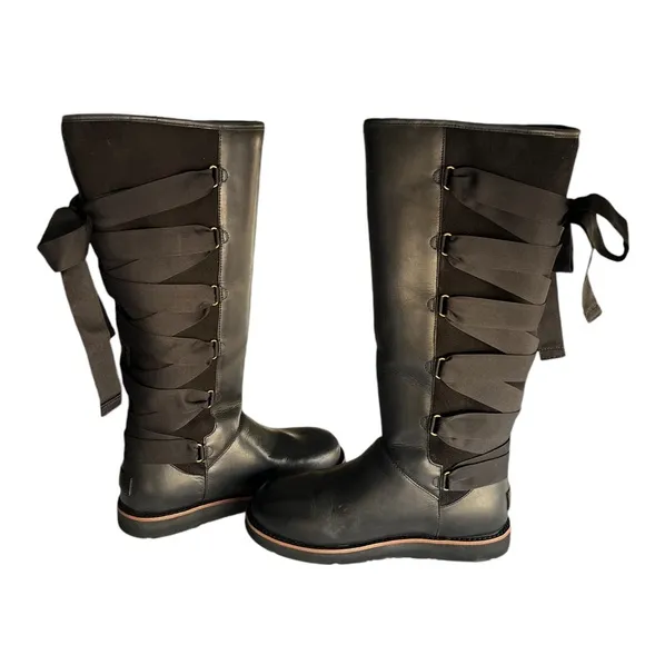 UGG Augustine Tall Lace-Up Ribbon Bow Black Leather Sheepskin Boots