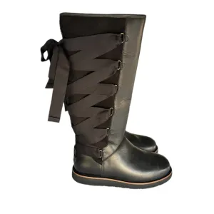 UGG Augustine Tall Lace-Up Ribbon Bow Black Leather Sheepskin Boots