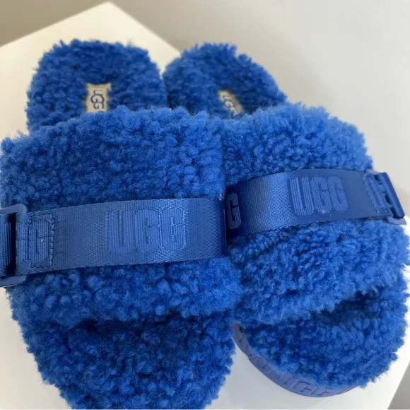 Ugg Blue Fluffita Flatform Slides Sheepskin Sandal Slipper Women’s Size 6 NEW