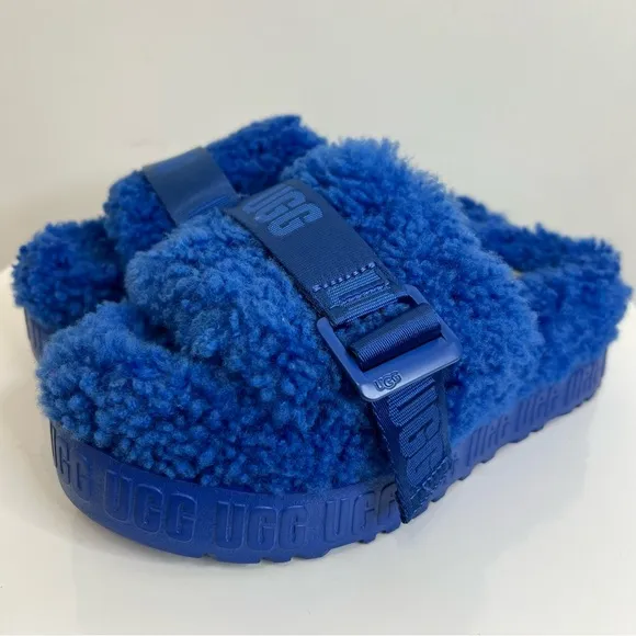 Ugg Blue Fluffita Flatform Slides Sheepskin Sandal Slipper Women’s Size 6 NEW