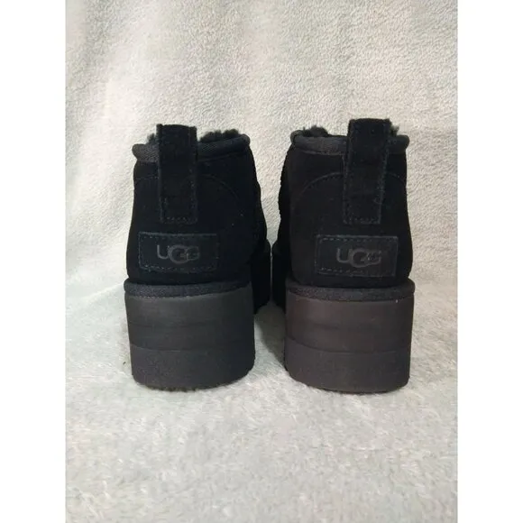 UGG Boots Womens 9 Black Suede Fur Classic Ultra Mini Platform Ankle Box