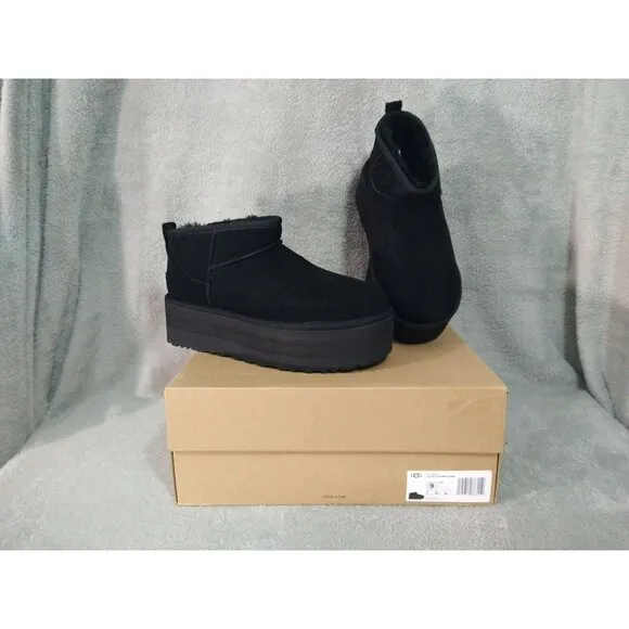 UGG Boots Womens 9 Black Suede Fur Classic Ultra Mini Platform Ankle Box