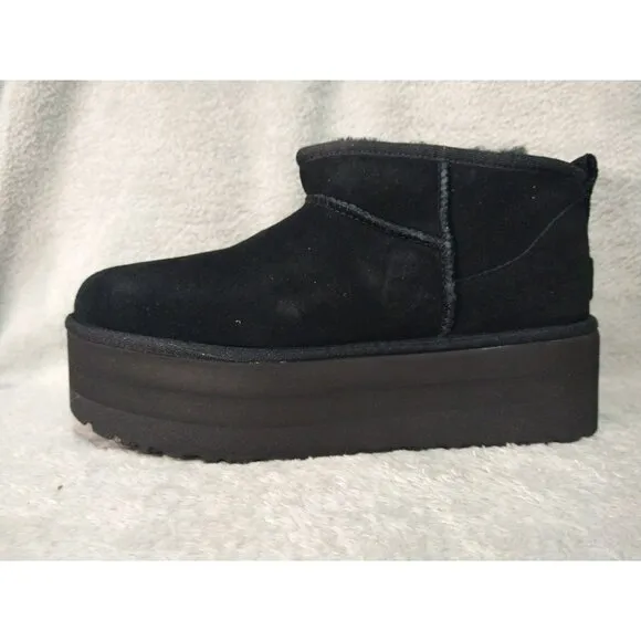 UGG Boots Womens 9 Black Suede Fur Classic Ultra Mini Platform Ankle Box