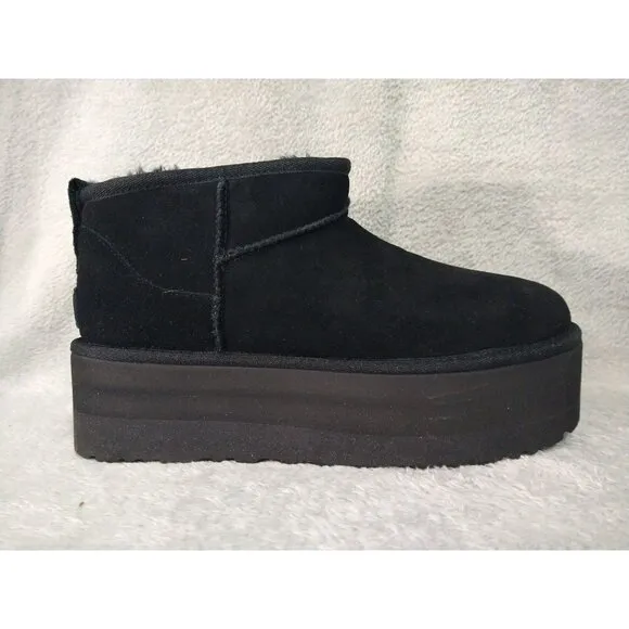 UGG Boots Womens 9 Black Suede Fur Classic Ultra Mini Platform Ankle Box