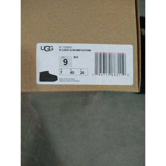 UGG Boots Womens 9 Black Suede Fur Classic Ultra Mini Platform Ankle Box