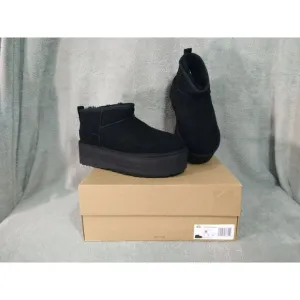 UGG Boots Womens 9 Black Suede Fur Classic Ultra Mini Platform Ankle Box