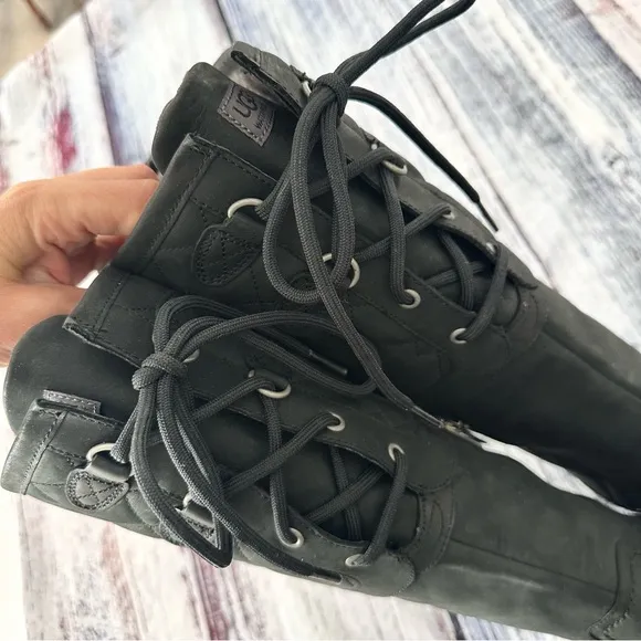 UGG ELSA QUILTED LEATHER AND SHEEPSKIN LACE UP TALL BOOTS IN BLACK