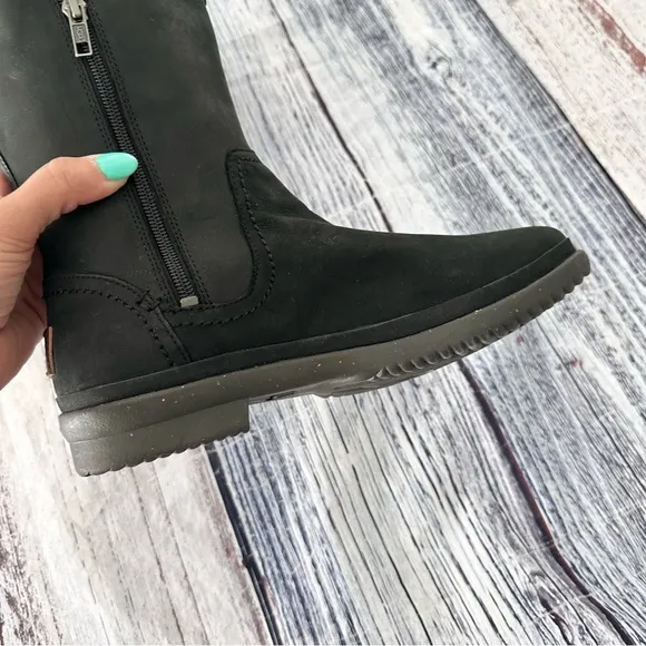 UGG ELSA QUILTED LEATHER AND SHEEPSKIN LACE UP TALL BOOTS IN BLACK