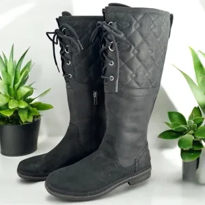 UGG ELSA QUILTED LEATHER AND SHEEPSKIN LACE UP TALL BOOTS IN BLACK