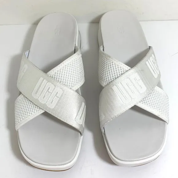 UGG Emily Mesh Slides Sandals Slip On Cross Strap Platform White Size 8 NEW