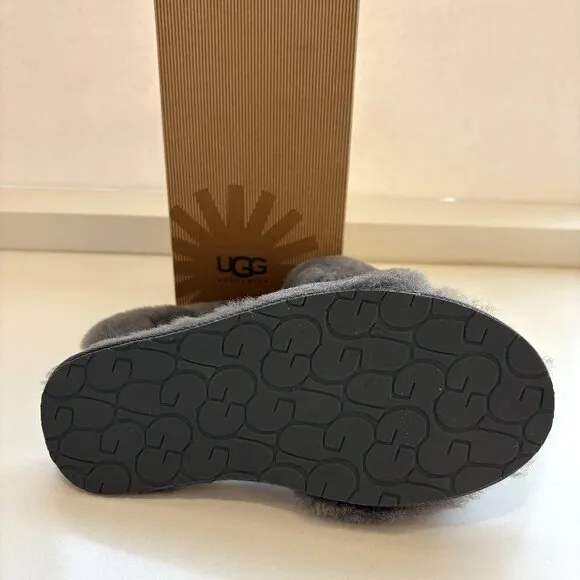 UGG Fluff Slide Sheepskin Slippers Sandals Slip-On Grey Size 6 NEW