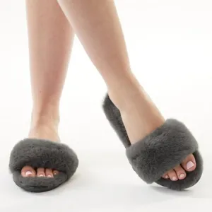 UGG Fluff Slide Sheepskin Slippers Sandals Slip-On Grey Size 6 NEW